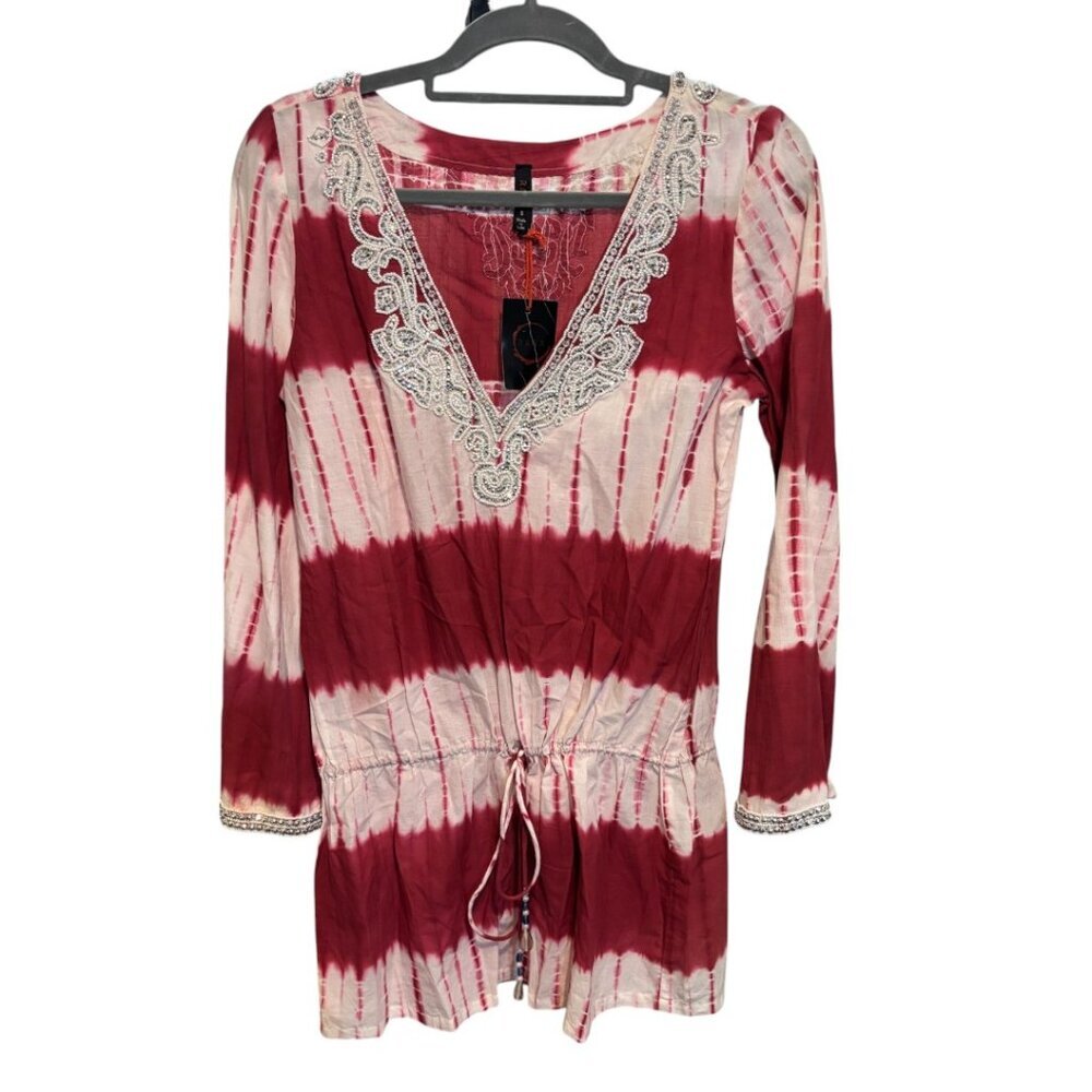 RAGA Beaded Burgundy White Striped Tie Dye V Neck Long Sleeve Drawstring Top